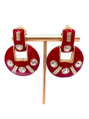 Vintage Red Enamel Rhinestone Clip-On Earrings Gold Tone Retro Statement Jewelry